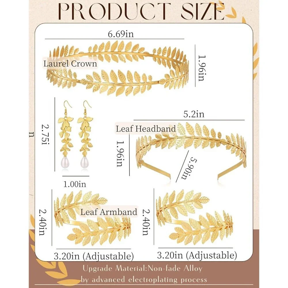 Greek Goddess Costume Accessories Set Women Laurel Crown Armbands Jewelry - Picture 3 of 7